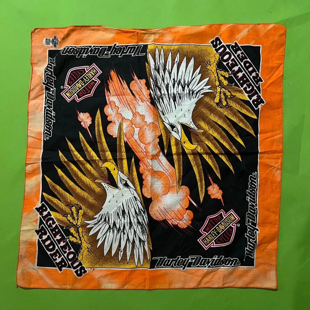 Harley Davidson Bandana Righteous Rider Eagle Orange Black Vintage 90s USA